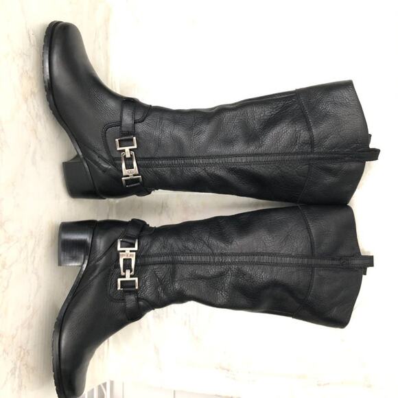 Circa Joan David Leather Tall Riding Boot Black Low block Heel Silver Accent 6.5 - Picture 2 of 15